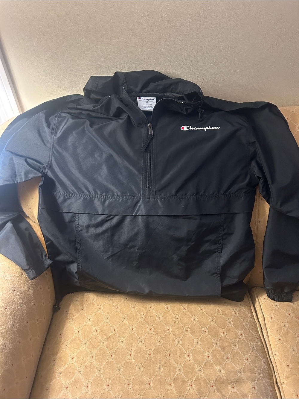 Champion Black Packable Pullover Windbreaker with Logo